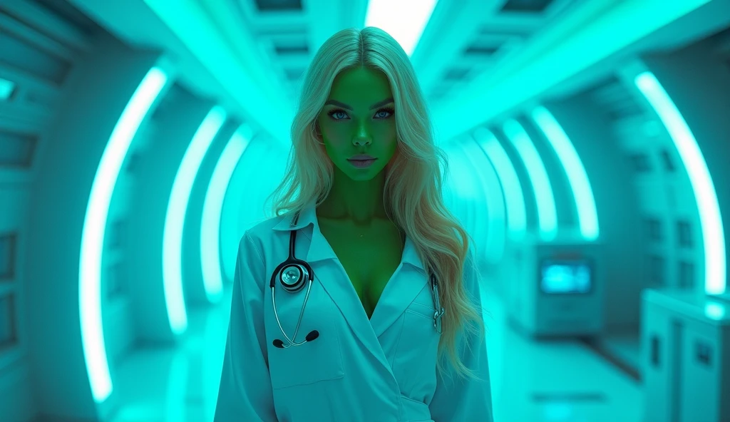 4k photograph of a gorgeous anthro frog girl, sexy anthro frog girl, green skin, sexy gorgeous feminine face, florence pugh, sexy frog woman, wearing a lab coat, busty, expressive face, upset facial expression, realistic lab background, photorealistic, highly detailed resolution, detailed texture