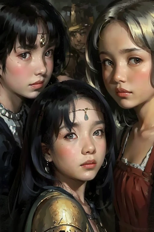 Group portrait of three amazingly beautiful girls aged 16 ,  upper body style,  Realistic anatomy ,  realistic skin texture , high-quality hair textures ,  beautiful expressive eyes ,  different girls of different skin colors and races