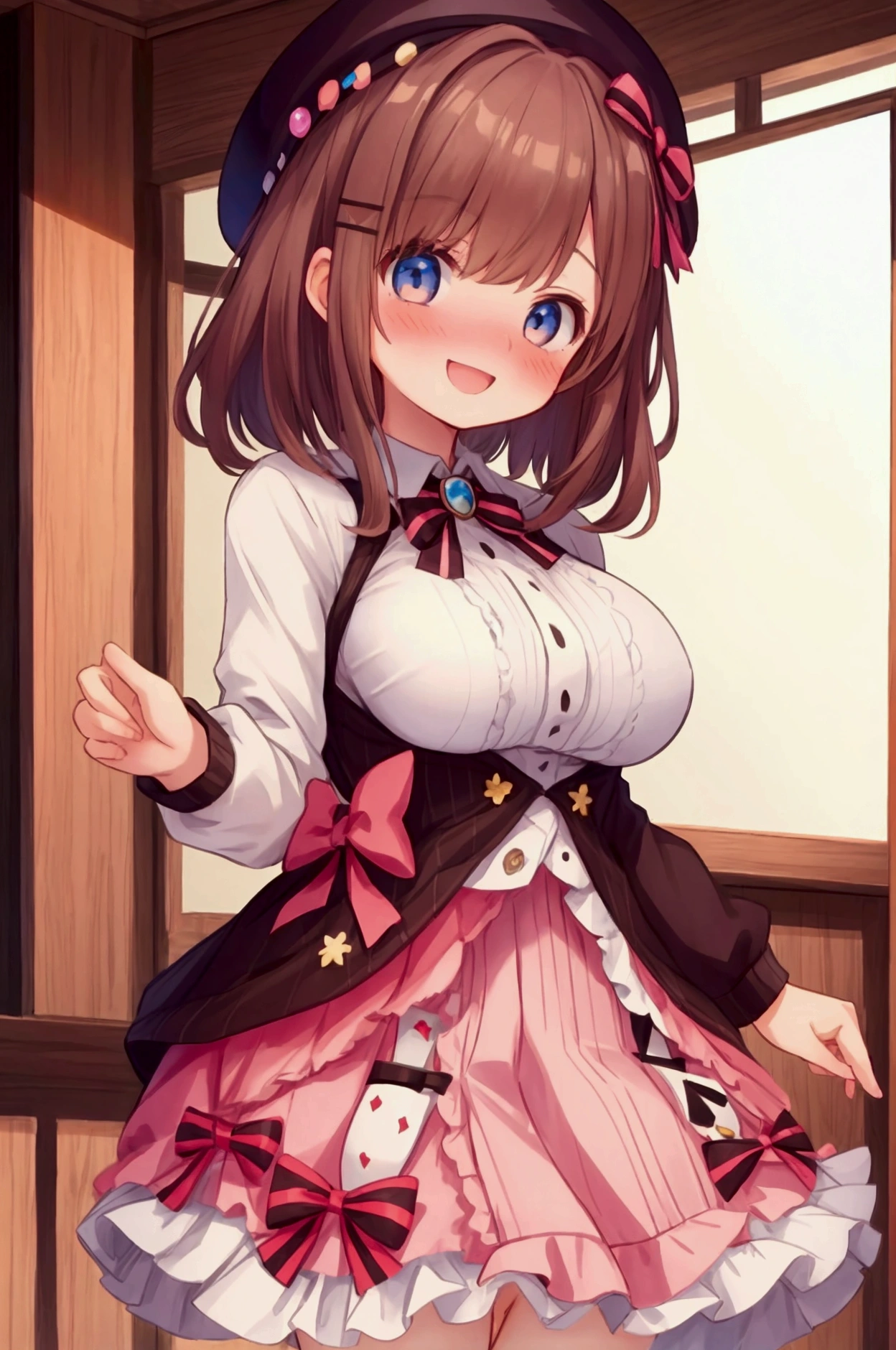 girl,Lulu Suzuhara、Brown Hair、Beret、smile、Embarrassed、Large Breasts, High Resolution ,High image quality,