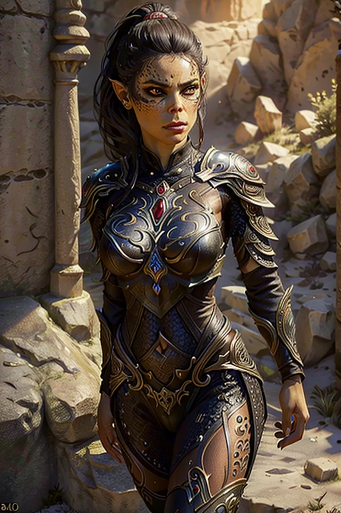 a Githyanki woman, beautiful detailed eyes, beautiful detailed lips, extremely detailed face, high ponytail, cameltoe, ornate armor, intricate tattoos, fantasy, dark moody lighting, dramatic shadows, cinematic, digital art, highly detailed, 4k, (best quality,4k,8k,highres,masterpiece:1.2),ultra-detailed,(realistic,photorealistic,photo-realistic:1.37),vibrant colors,dramatic lighting