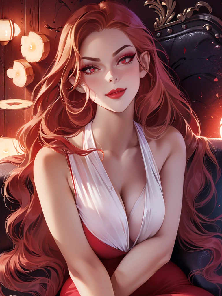 from above, circled by fire, witch, perfect face, red hair, big boobs , red underwear sexy, thight fit, pretty smile, red lipstick, cleavage