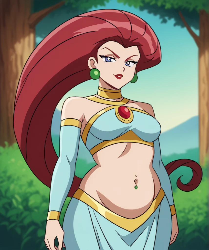 2D, Tall badass jessie lazy 1girl,  Original Source, Tall slender body, looking at viewer, Big Vixen Eyes, red hair, pale skin, fattened up, deep navel, Surfeit, red lips, furrowed brow, Tall Body, slender body, slightly chubbybelly, flirty face, POV Fattened, Half closed eyes, retro anime,  belly button piercing,showing full belly complete, slender chubby Body , breast , wearing a clingy belly dancer dress,tight, score_9, score_8_up, score_7_up, Ultra Detailed, 360p, Detailed Body, Detailed Face, feminine neck, jessie hair,