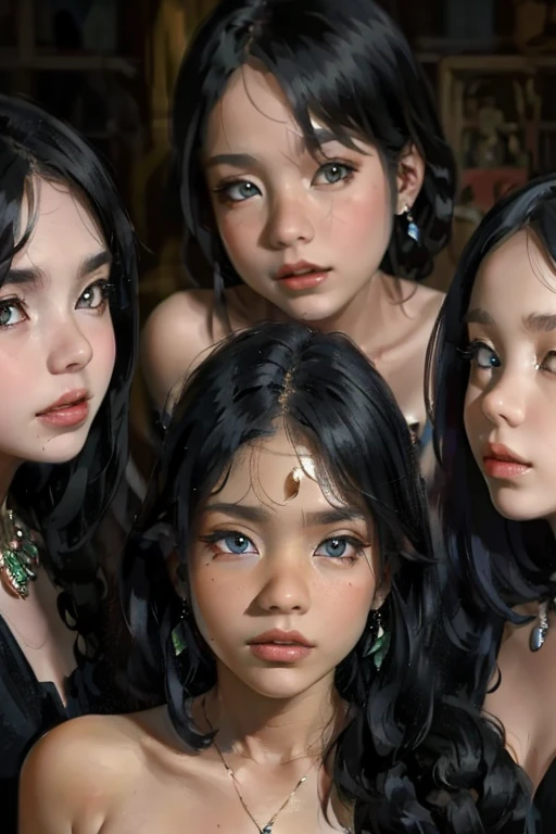 Group portrait of three amazingly beautiful girls aged 16 ,  upper body style,  Realistic anatomy ,  realistic skin texture , high-quality hair textures ,  beautiful expressive eyes ,  different girls of different skin colors and races