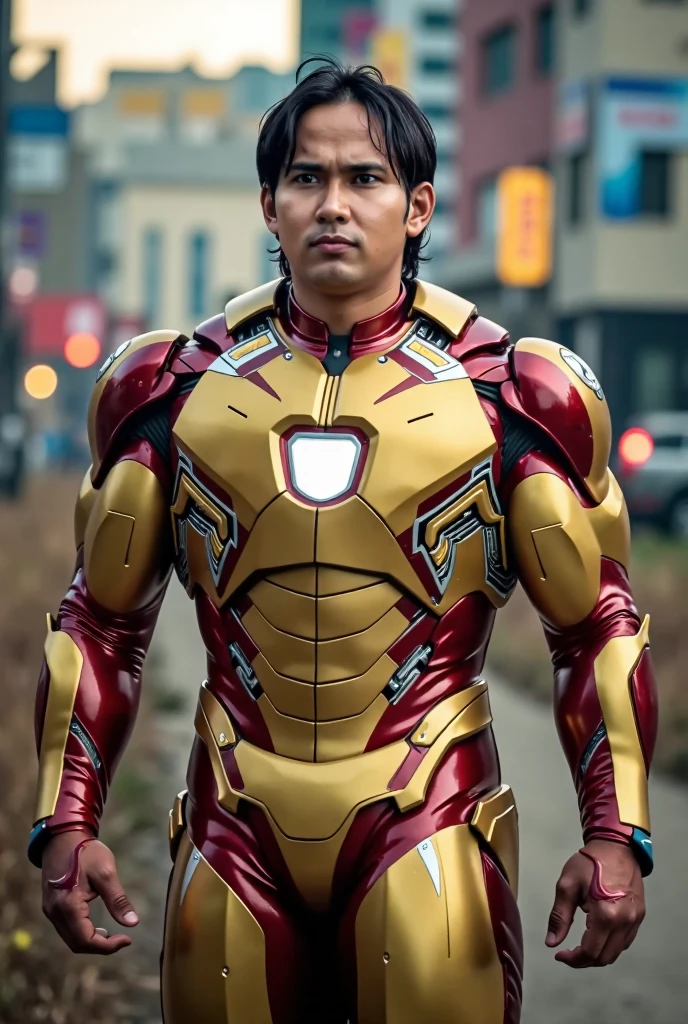 man wear costume iron man armored muscular body, hyper-detailed gold and red metal armor, large bulky frame, open helmet revealing face, cinematic lighting, digital art, photorealistic.fit body, 8k, (best quality:1.2), (masterpiece:1.2), (ultra-detailed:1.2), (highly detailed:1.2), dynamic pose, dramatic lighting, epic, cinematic, action scene. big forehead, tan skin. malaysia. metal iron suit.
