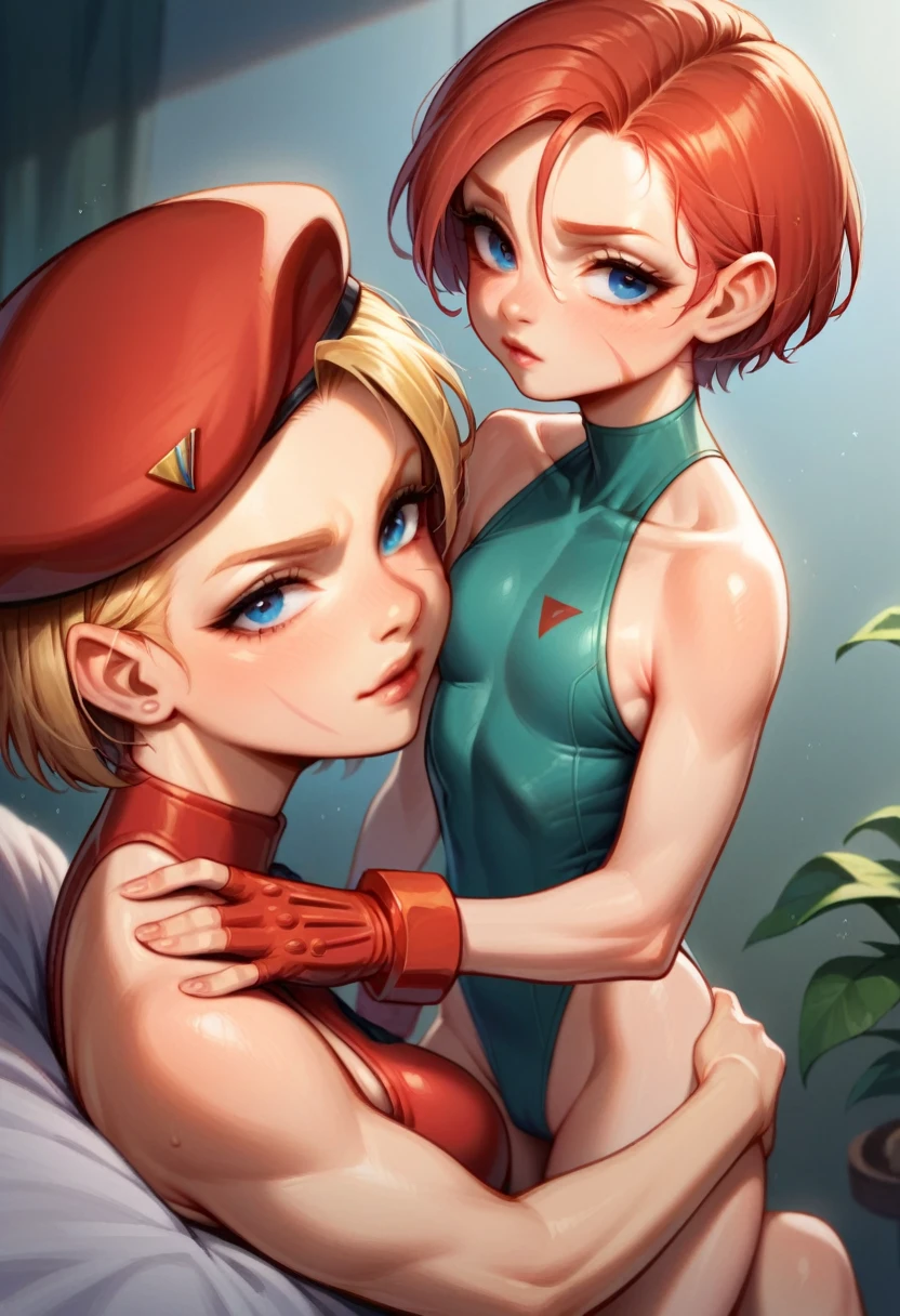 master part, best quality, highres , sarah Miller ,sarah miler in (Cammy branco ) cospay , short hair , red beret, (Red Head Outfit:1.3), blue eyes, scar on cheek, green leotard, smallt chest ,loli body , sleeveless, red gloves, gloves  ,bedroon , sexy