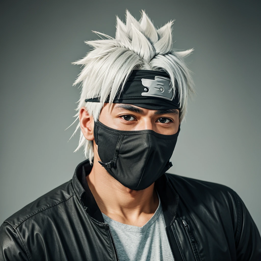kakashi, 1boy, male focus, ninja, solo, weapon, holding, kunai, short sleeves, holding weapon, covered mouth