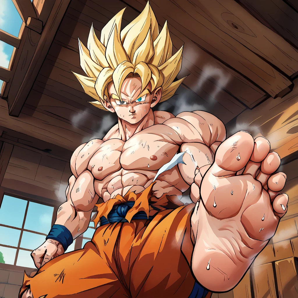 (A detailed drawing of goku, blonde hair, super saiyajin, Bodybuilding-Fitnessstudio.), With a naked torso, Ripping clothes, shorts, slip, the strongest of all, huge muscular body, big Bizeps, big shoulders, Muscle legs,abs, Barefoot, Martial arts, score_9, score_8_up, score_7_up, source_anime, solo, muscular, looking at viewer, barefoot, Full Body Image , barefoot, soles of feet visible, feet sweating and steaming, vista head on, karate fight, head on, wooden cabin background, view from below