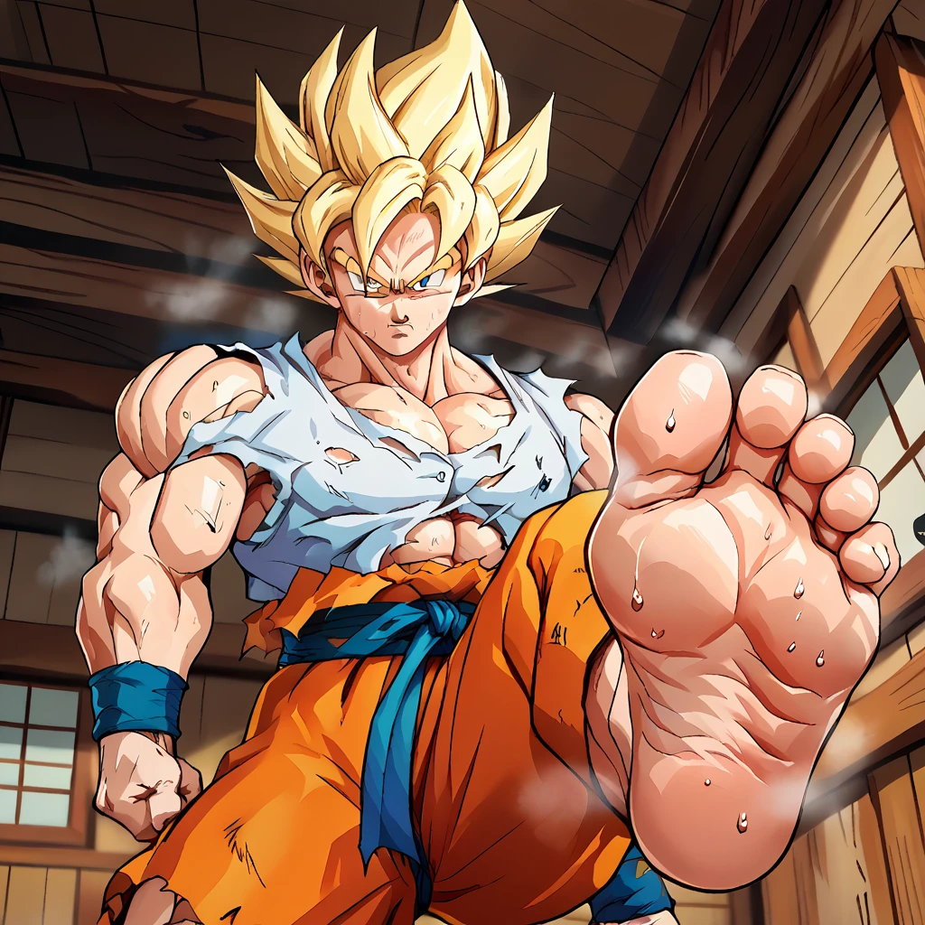 (A detailed drawing of goku, blonde hair, super saiyajin, Bodybuilding-Fitnessstudio.), With a naked torso, Ripping clothes, shorts, slip, the strongest of all, huge muscular body, big Bizeps, big shoulders, Muscle legs,abs, Barefoot, Martial arts, score_9, score_8_up, score_7_up, source_anime, solo, muscular, looking at viewer, barefoot, Full Body Image , barefoot, soles of feet visible, feet sweating and steaming, vista head on, karate fight, head on, wooden cabin background, view from below