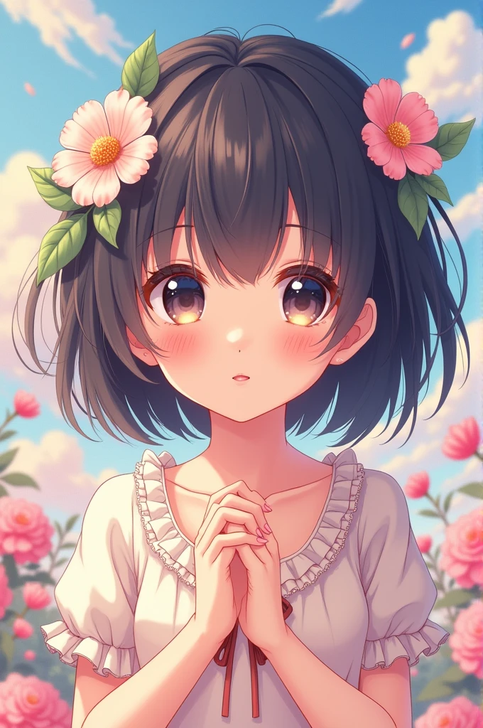 (hi res), ((masterpiece)) , ((best quality)), illustration, brown skin, 1girl, POV, upper body, 1girl, solo, flower in hair, crying