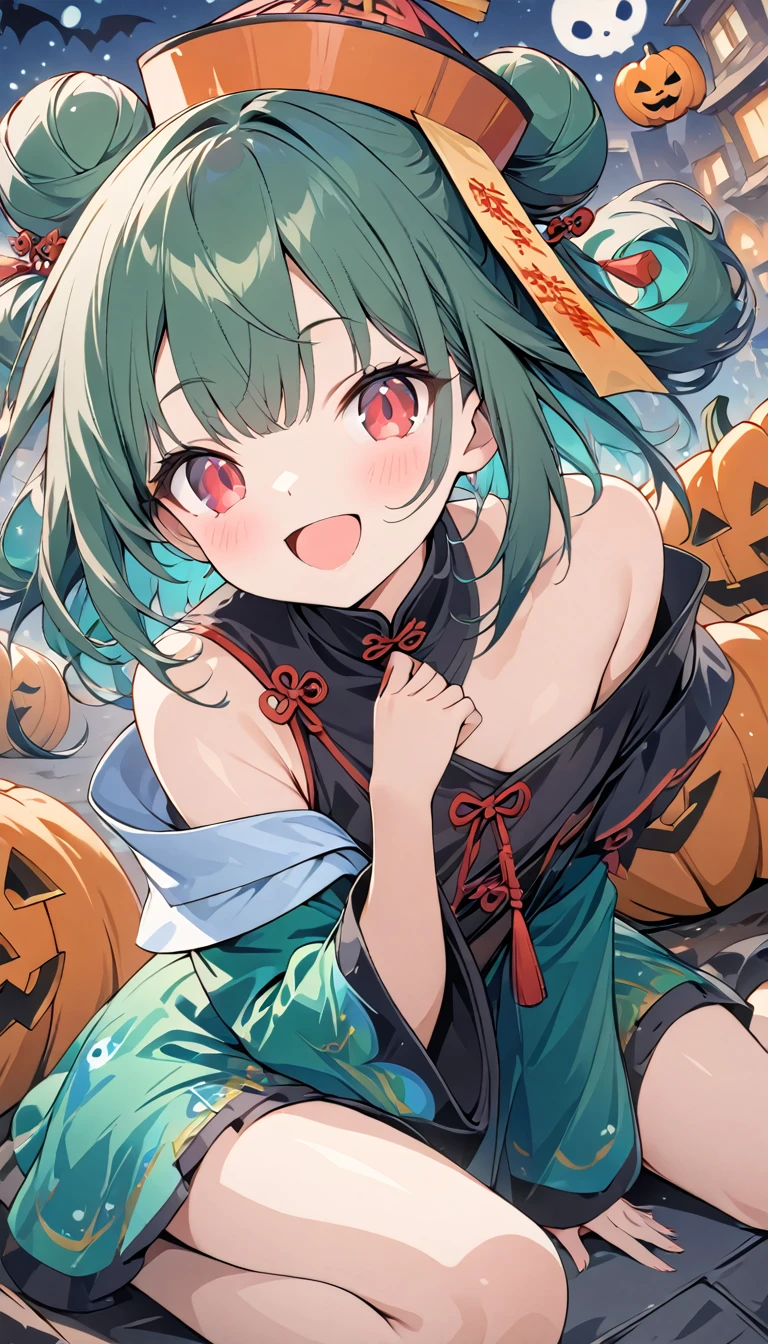 Momoko Sakura style、8K quality、, Best Quality,(((Rushia)))、(((Young Girl)))、(( 1 girl)),( Red Eyes),（Short stature）,((Emerald green hair))、Bun Hair、Young appearance、（Jiangshi costume）, nicely arranged jack-o-lanterns、（Sit on a jack-o-lantern ）、Floating Ghosts 、（ Halloween cityscape ）,((( exposed shoulder ))),Smiling with mouth closed、Happy Face, 、Avant-garde pop art, Beautiful and expressive paintings,  beautiful artwork illustration, Cool Beauty、Vector art,  stylish design, (((Best Quality))),  High Resolution , ((masterpiece)), ((Super Details)),（ beautiful skin in NFSW）,(Full body painting)、Beautiful fingertips