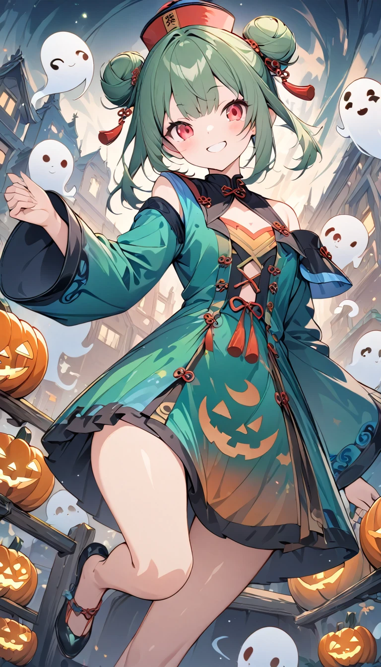 Momoko Sakura style、8K quality、, Best Quality,(((Rushia)))、(((Young Girl)))、(( 1 girl)),( Red Eyes),（Short stature）,((Emerald green hair))、Bun Hair、Young appearance、（Jiangshi costume）, nicely arranged jack-o-lanterns、（Sit on a jack-o-lantern ）、Floating Ghosts 、（ Halloween cityscape ）,((( exposed shoulder ))),Smiling with mouth closed、Happy Face, 、Avant-garde pop art, Beautiful and expressive paintings,  beautiful artwork illustration, Cool Beauty、Vector art,  stylish design, (((Best Quality))),  High Resolution , ((masterpiece)), ((Super Details)),（ beautiful skin in NFSW）,(Full body painting)、Beautiful fingertips