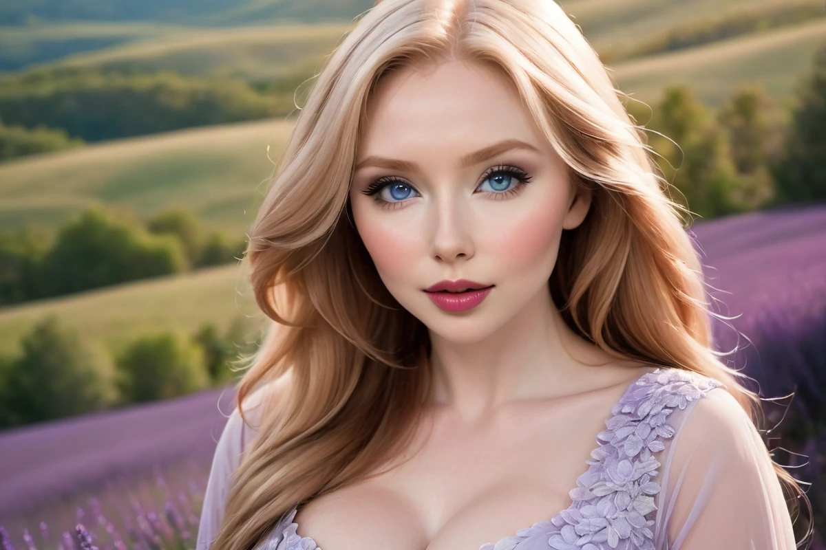 a beautiful swedish women. Large crystal blue eyes. Round full face and body. soft features. White-blond-hair. A modern fashionista dresses traditional and conservative. soft plush lips. curvy. A dreamy, full-body image of a more voluptuous young woman with delicate yet striking features. Her thick, wavy dark hair flows loosely around her shoulders, framing her face, which is soft and serene with deep, inviting eyes. She wears an elegant gown in a deep burgundy shade with flowing layers and a fitted bodice that emphasizes her curves. The background is an ethereal landscape, bathed in soft pink and purple hues of twilight, with blooming lavender fields, soft clouds, and the hint of stars beginning to twinkle. The scene evokes a sense of mystery, romance, and timeless beauty. Molly Quinn
