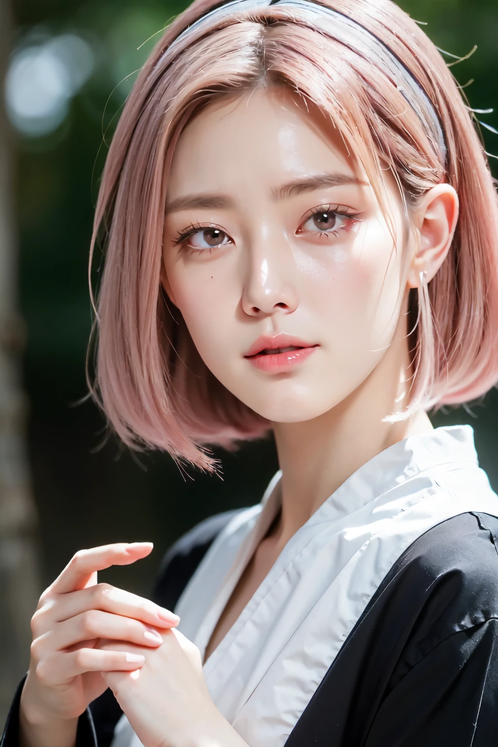 ((Best Quality, 8K, Masterpiece: 1.3)), Sharp: 1.2, Perfect Body Beauty: 1.4, Slim Abs: 1.2, ((Layered Hairstyle, Big Breasts: 1.2)), (Wet White Button Long Shirt: 1.1), (Rain, Street: 1.2), Wet: 1.5, Highly detailed face and skin texture, detailed eyes, double eyelids, side face looking at the camera, sakura haruno, short hair, Pink hair