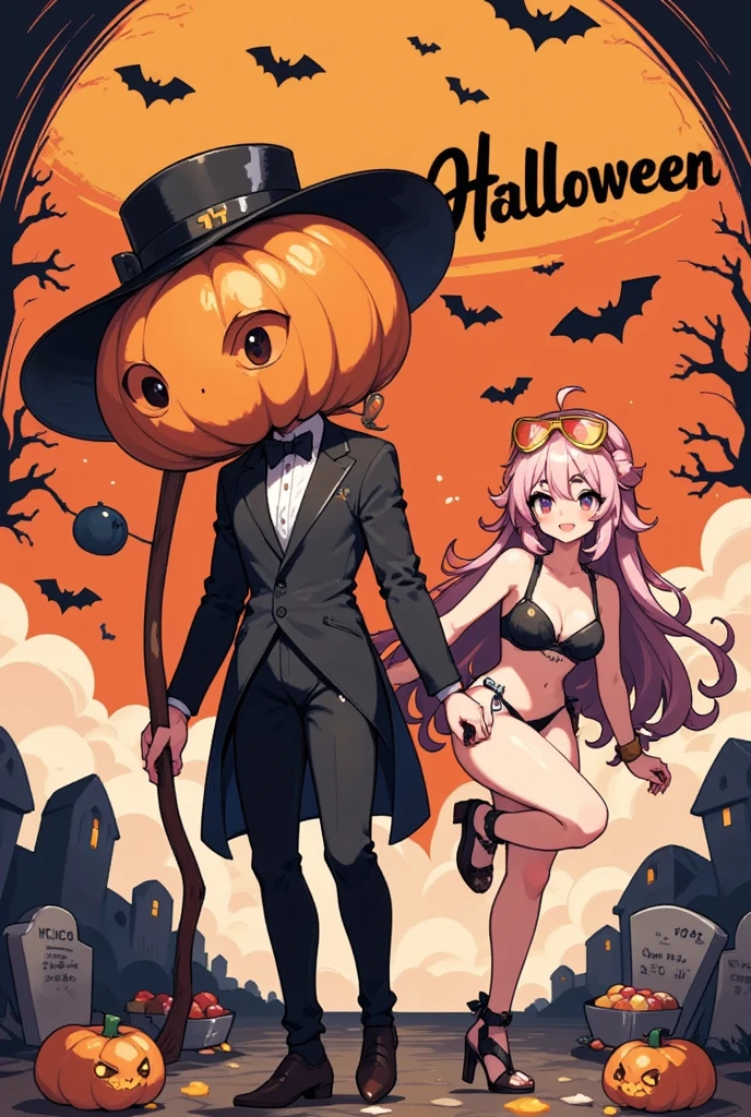  score_9,  score_8_up,  score_7_up,  score_6_up,  score_5_up,  score_4_up,  jack-o-lantern , Slender body,  wearing a black tuxedo ,  silk hat,  Halloween pumpkin head , Very big head ,  eyes are shining ,  carrying a large grim reaper scythe on his shoulder ,  BREAK witch standing sideways in a stylish pose leaning diagonally, Bustier and shorts , Long blonde hair, goggles, Riding a broom, smile, cute,  comical Japanese illustration style , Orange and black background:1.3, Pop 2D illustration , Bats, Grave,  pop-touch poster , The main line is thick , title"Halloween", Shaded letter ,  letter popping out symmetrically , Lots of sweets scattered around, Biscuits, candy