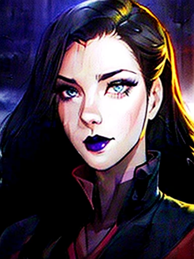  Pretty girl with long wavy hair black asabache, Asami Sato, legend of korra, beautiful face with smooth skin ,  blue eyes and dark makeup ,  full lips and black lipstick ,  detailed perfect,   Looking at the spectator  