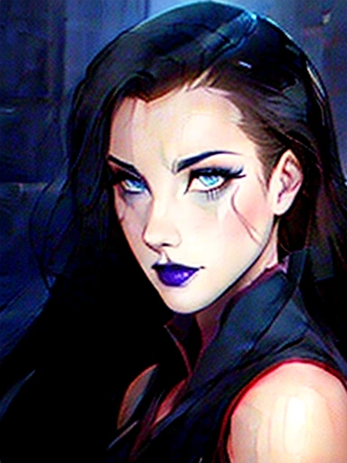  Pretty girl with long wavy hair black asabache, Asami Sato, legend of korra, beautiful face with smooth skin ,  blue eyes and dark makeup ,  full lips and black lipstick ,  detailed perfect,   Looking at the spectator  