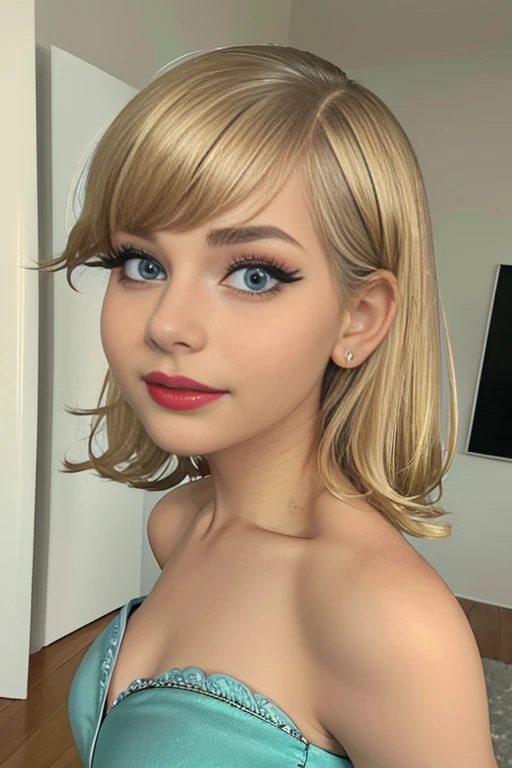 (The best quality, 4k, 8k, High Resolutions, masterpiece:1.2), ultra detailed, detailed face, Detailed lips and eyes......, cute makeup , attractive appearance, expressive face, realist,
TO BREAK  Loud ,beautiful caucasian woman with shoulder length messy wavy blonde hair,short blonde hair , brown eyebrows, big blue eyes, clear skin, slim and athletic, Long hair , blond hair,
TO BREAK  (dynamic  pose)  ,Nice smile,  Soft sunlight illuminating the scene, Subtle movement of the wind in the hair, cheerful expression, gloomy atmosphere, Suave, Natural lighting that emphasizes your features......, Subtle shadows that add depth and dimension to the image......, (maduro) , posing sexy , cute makeup , Red lips , blue eye shadow , leni loud , She is wearing a turquoise dress, black glasses on the head, happy , Whole body 