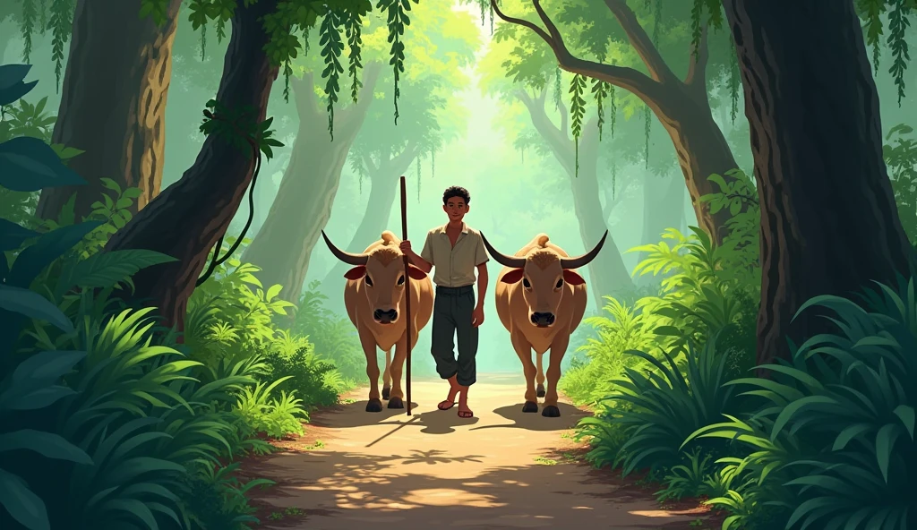 A boy everyday goes to jungle with his cows
