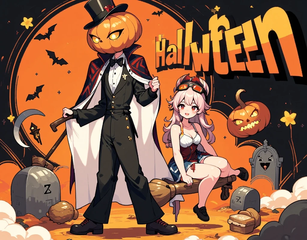  score_9,  score_8_up,  score_7_up,  score_6_up,  score_5_up,  score_4_up,  jack-o-lantern , Slender body,  wearing a black tuxedo ,  silk hat,  Halloween pumpkin head , Very big head ,  eyes are shining ,  carrying a large grim reaper scythe on his shoulders,  BREAK witch standing sideways in a stylish pose leaning diagonally,  underexposed bustier and shorts, Long blonde hair, goggles, Witch Hat, Jack O badge , Riding a broom, smile, cute,  comical Japanese illustration style , Orange and black background:1.3, Pop 2D illustration , Bats, Grave,  pop-touch poster , The main line is thick , title"Halloween", Shaded letter ,  letter popping out symmetrically ,  lots of candy scattered all around , Biscuits, candy