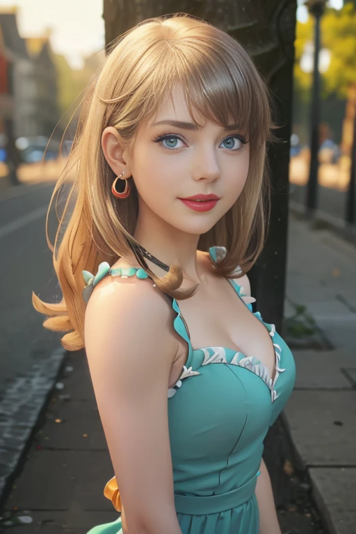 (The best quality, 4k, 8k, High Resolutions, masterpiece:1.2), ultra detailed, detailed face, Detailed lips and eyes......, cute makeup , attractive appearance, expressive face, realist,
TO BREAK  Loud ,beautiful caucasian woman with shoulder length messy wavy blonde hair,short blonde hair , brown eyebrows, big blue eyes, clear skin, slim and athletic, Long hair , blond hair,
TO BREAK  (dynamic  pose)  ,Nice smile,  Soft sunlight illuminating the scene, Subtle movement of the wind in the hair, cheerful expression, gloomy atmosphere, Suave, Natural lighting that emphasizes your features......, Subtle shadows that add depth and dimension to the image......, (maduro) , posing sexy , cute makeup , Red lips , blue eye shadow , leni loud , She is wearing a turquoise dress, black glasses on the head, happy , Whole body 