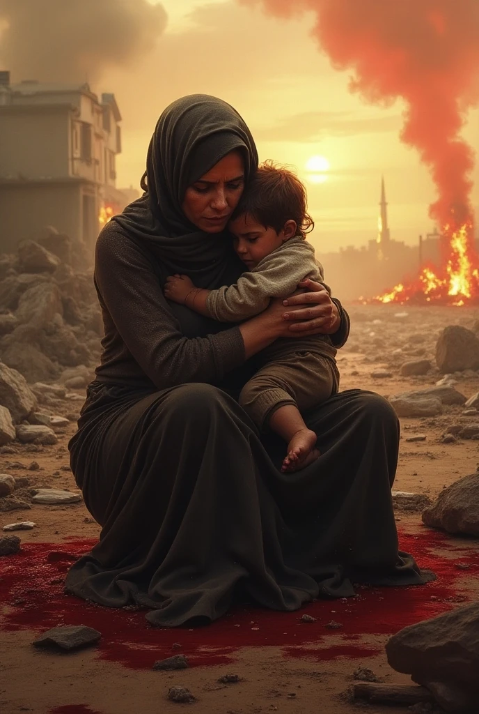 A sad 30-year-old Arab woman in a traditional Arab headscarf is sitting in destroyed building and holding her 5-year-old child in her arms. looking to sky,  The child's clothes are torn and dirty. In the background, there are burning buildings and smoke from an explosion. starry night, full moon,  dark, strong silhouette, back light, dramatic light, high contrast,