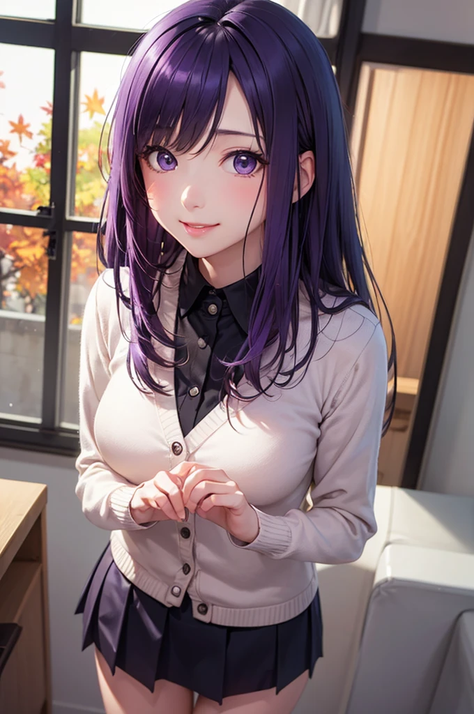 ８K, Highest quality, masterpiece, Ultra-detailed、parted bangs、Purple Hair、Medium hair, parted bangs、full lips、Blue Eyes、１８Year-old beauty、Portrait、School、smile、Japanese 、classroom、Random facial expressions