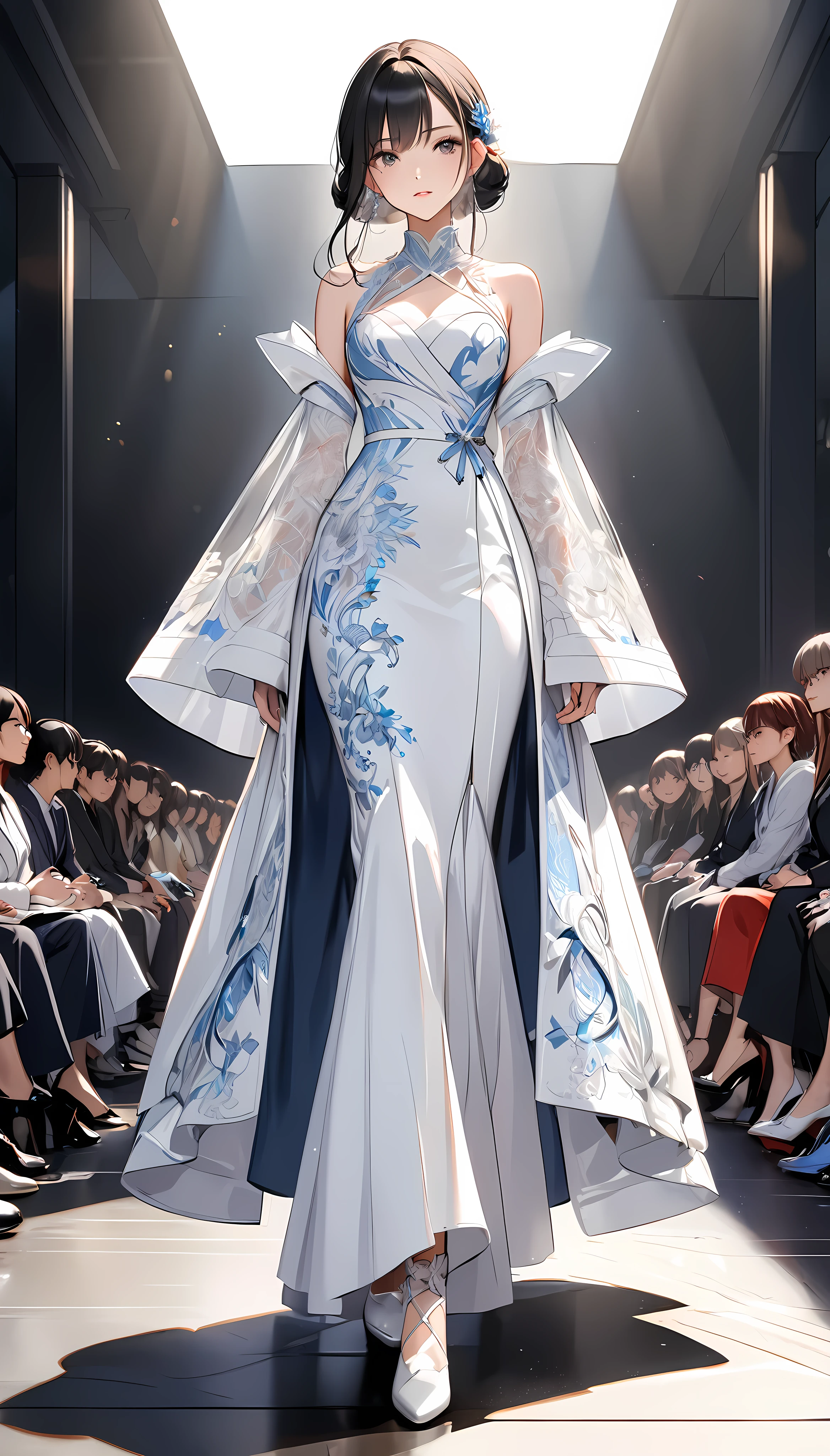 (masterpiece,  best quality:1.2), One woman, Alone, \ characters " atlus"\, Professional Model,  catwalk wearing clear air, I'm going to walk gracefully along the 、It captivates the audience , ROUGH, intricate character design, 