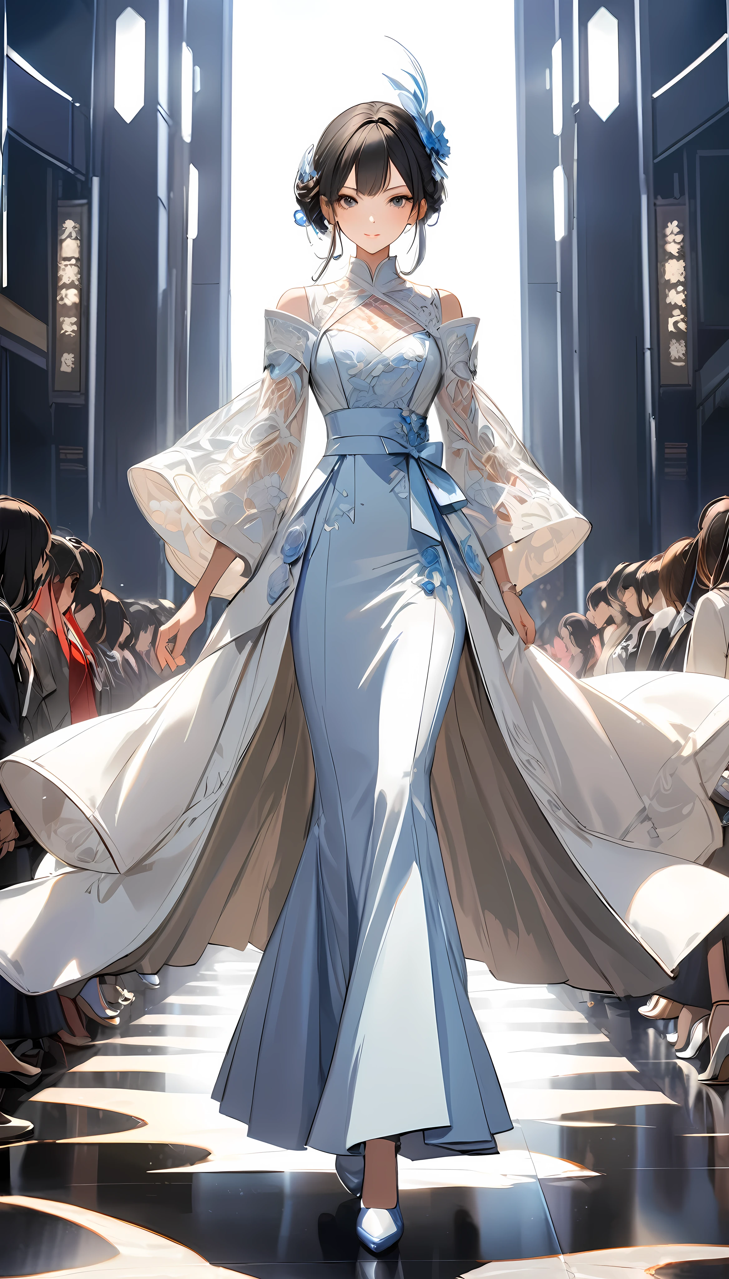 (masterpiece,  best quality:1.2), One woman, Alone, \ characters " atlus"\, Professional Model,  catwalk wearing clear air, I'm going to walk gracefully along the 、It captivates the audience , ROUGH, intricate character design, 