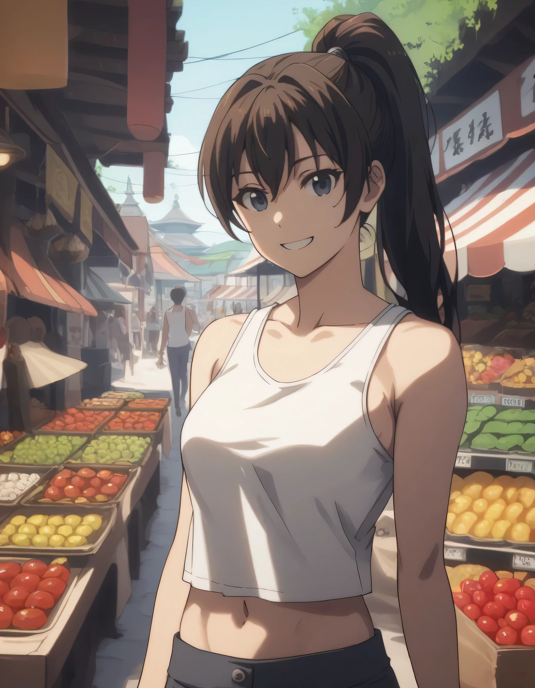 score_9, score_8_up, score_7_up, gsfghtr, ponytail, white tank top, 1girl, smile, (navel), white under wear, traditional market