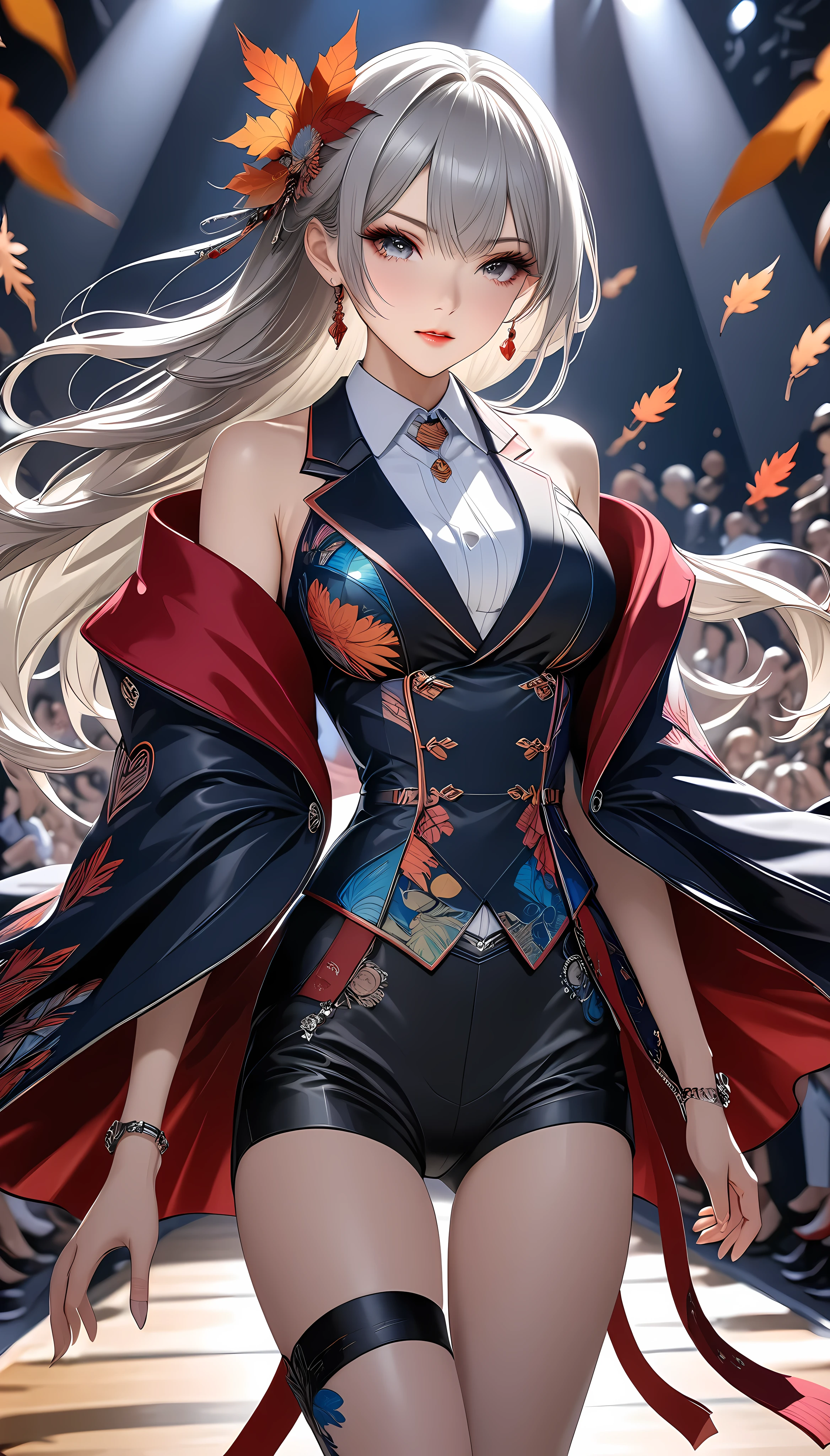 (masterpiece,  best quality:1.2), One woman, Alone, \ characters " atlus"\, Professional Model,  catwalk wearing autumn sounds,  I walk gracefully along the 、It captivates the audience , ROUGH, intricate character design, 