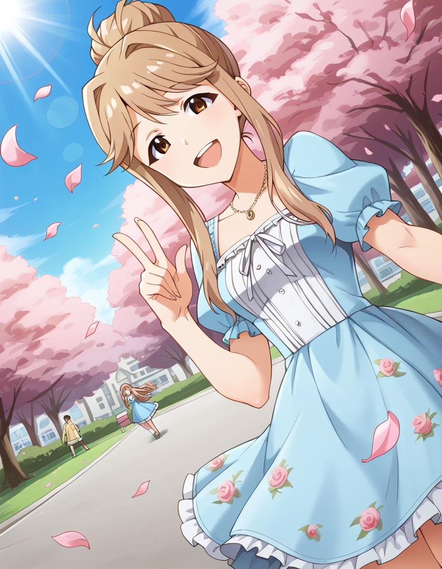  score_9,  score_8_up,  score_7_up, sauce_Anime, evaluation_safe, BREAK tenkubashi tomoka ,  1 girl, Brown Hair,  Brown Eyes , single Hair Bun, Hair Bun, Long Hair,  side lock, necklace, Floral, Printed dress,  blue dress , White ribbon,  frill skirt,   Blue Skirt ,  puff sleeves, Ruffle sleeves, frills,  Dutch angle , They are reaching out towards the viewers, smile, happy, Bright Particles , light, Falling petals, wind, cherry blossoms, Park, Streetscape, Look at the sky, cloud, sunlight,  lens flare