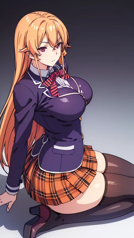 6k, (masterpiece, best quality, highly detailed, ultra detailed, high resolution, absurdres), (official art, incredibly fine illustration, extremely detailed CG, best quality, masterpiece, BREAK, one girl, kerina nakiri, long hair, orange hair, (purple eyes:1.1), hair between eyes, skirt, thighhighs, bow, school uniform, jacket, pleated skirt, shoes, black thighhighs, zettai ryouiki, plaid, plaid skirt, blazer, covered nipples, big breast, BREAK,  bright and expressive purple eyes, slim and toned figure, he opted for worn jeans, a mint color tietshirt. Busty. Booty