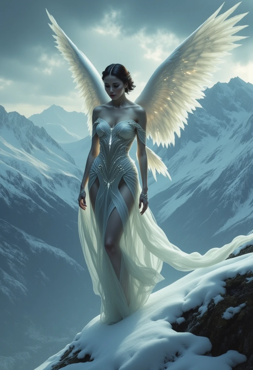 Ultra realistic, mythology, cybernectic angel with beautiful face and perfect body, she wearing beautiful white Gothic dress. She flying on the dramatic sky and looking down, Winter background. (Ultra-realistic, 32k, Masterpiece, High Quality, Detailed Realistic Background, Official Art, Realistic Lighting, filmfotos, film grain, reversal film photography)