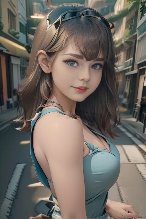 (The best quality, 4k, 8k, High Resolutions, masterpiece:1.2), ultra detailed, detailed face, Detailed lips and eyes......, cute makeup , attractive appearance, expressive face, realist,
TO BREAK  Loud ,beautiful caucasian woman with shoulder length messy wavy blonde hair,short blonde hair , brown eyebrows, big blue eyes, clear skin, slim and athletic, Long hair , blond hair,
TO BREAK  (dynamic  pose)  ,Nice smile,  Soft sunlight illuminating the scene, Subtle movement of the wind in the hair, cheerful expression, gloomy atmosphere, Suave, Natural lighting that emphasizes your features......, Subtle shadows that add depth and dimension to the image......, (maduro) , posing sexy , cute makeup , Red lips , blue eye shadow , leni loud , She is wearing a turquoise dress, black glasses on the head, happy , Whole body 