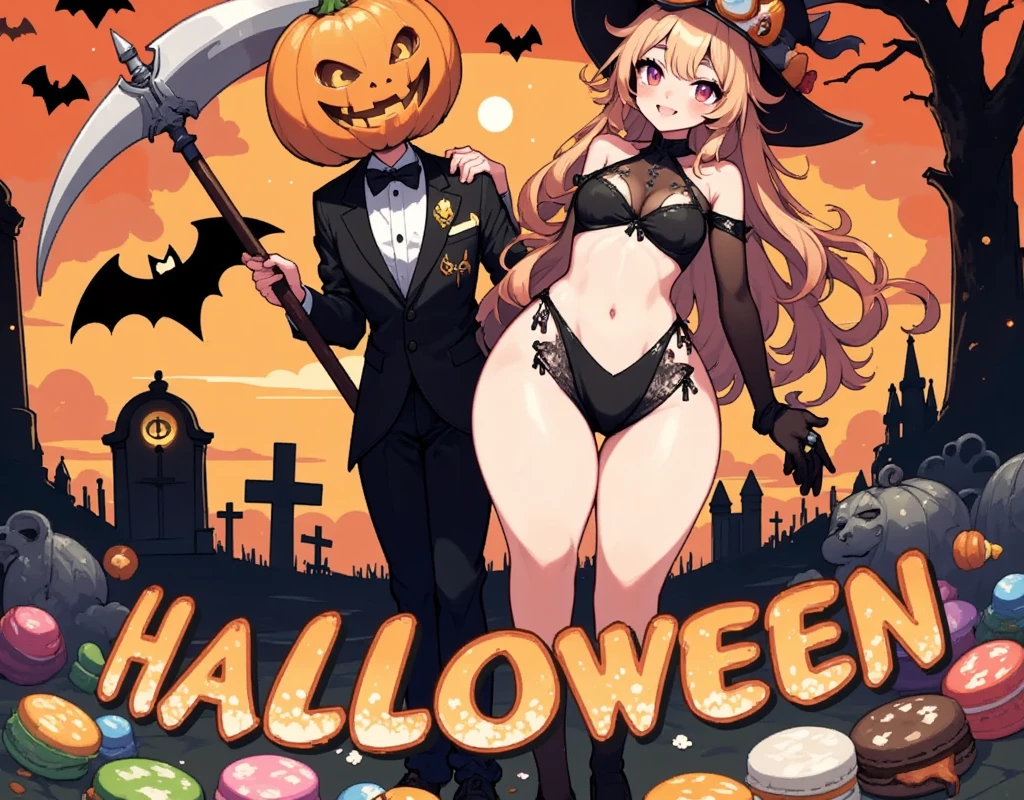  score_9,  score_8_up,  score_7_up,  score_6_up,  score_5_up,  score_4_up,  jack-o-lantern , Slender body,  wearing a black tuxedo ,  silk hat,  Halloween pumpkin head , Very big head ,  eyes are shining ,  carrying a large grim reaper scythe on his shoulders,  BREAK witch standing sideways in a stylish pose leaning diagonally,  underexposed bustier and shorts, Long blonde hair, goggles, Witch Hat, Jack O badge , Floating on a broom , smile, cute,  comical Japanese illustration style , Orange and black background:1.3, Pop 2D illustration , Bats, Grave,  pop-touch poster , The main line is thick , title"Halloween", Shaded letter ,  letter popping out symmetrically , Scatter large amounts of candy, biscuits, and macaron sweets in the air, retina, high details, best quality