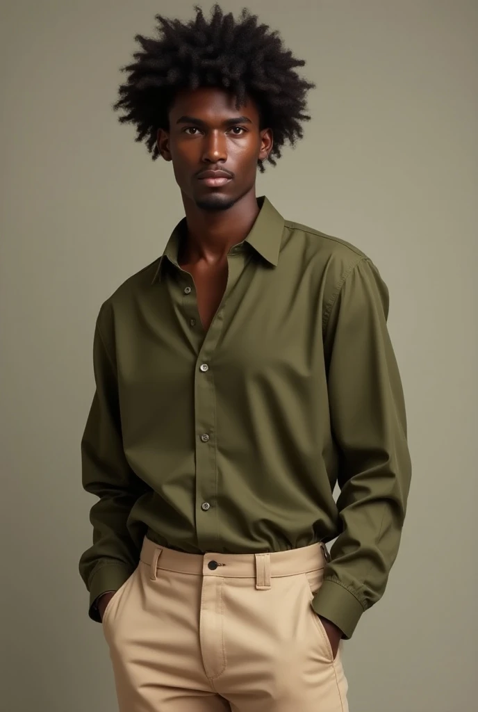 A 2 brown skinny guy wearing lapel style half sleeves olive colour shirt in and the chino style pants standing in day light near the walls 