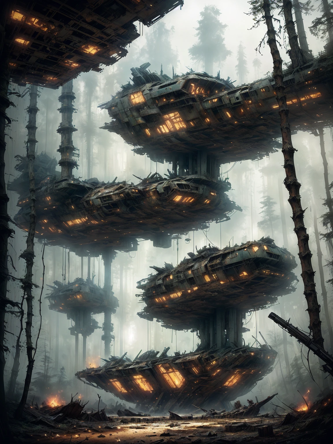 there is a large ship that is in the middle of a forest, in the art style of filip hodas, destroyed ship, inspired by Ismail Inceoglu, rusted junk, alejandro burdisio art, alien ship wreck, adventure hyper realistic render, overgrown environment, stefan koidl inspired, inspired by Alejandro Burdisio