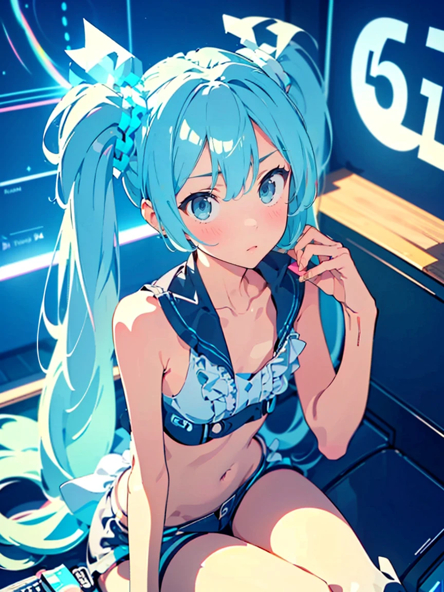 ( Hatsune Miku:1.3)、（sitting:1.5）、 Beautiful slim thighs,Sitting on a tire, break,circuit, ( race queen ), ( Cropped Jacket), ( high leg bikini ), (Micro Shorts), (Thigh boots), (peaked cap), Checkered flag:1.5break,、(Very flat chest:1.3)、 1 girl, Alone, colorful, Realistic Skin, Attractive eyes, (1:1.2), beautiful, cute, (Perfect Body 1.2), (Realistic Anatomy 1.2),  Japanese idol, (K-POPアイドル1.2), Realistic photos, RAW Photos, 4K, Fujiflim,  film grain , (Cinema Lighting 1.4),  Ray Tracing , (perfect Temporarily stop1.2), Ultra fine, finely,  intricate detail,  Dolby Vision, Temporarily stop,break、(((Very thin body:1.5、Thin body)))、break、((( detailed beautiful depiction of eyes )))、 ((( focused gaze)))、break、,(Blue Eyes 1 .3), (Blue Hair:1.3), break、blush 1.5、break, very short hair, parted bang、(from below:1.1)、