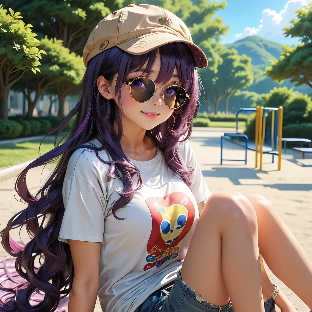 Masterpiece, 4K, HDR, full HD, (best quality), (ultra detailed), (only), intricate ANIME TYPE, best quality, 1girl, deep purple hair , hyper beautiful face, purple hair, perfect anatomy, shiny skin, full body, alone (shiny purple hair, long hair), looking at viewer, perfect hands, perfect legs, super detailed clothes, intricate clothes, hyper detailed cloths, super detailed face, super detailed skin, super detailed quality, expressive eyes, blue eyes, super detailed eyes, JK, epngekatsuragimisato , SDXL Illustration Design Beautiful Girl Two-dimensional Pretty Girl Digital Painting Comic Ukiyo-e Watercolor Manga Other, ROUGH, dynamic pose, cowboy shot, close up, smile, blushing, Casual and relaxed look: Basic white cotton t-shirt, worn denim shorts, sports sandals and a small backpack. Accessories: aviator style sunglasses and fabric cap. sitting on a playground in a park,