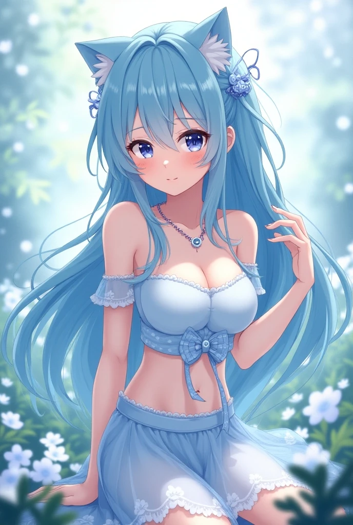 Create a female anime character with suggestive clothing that embodies the month of July with a superpower