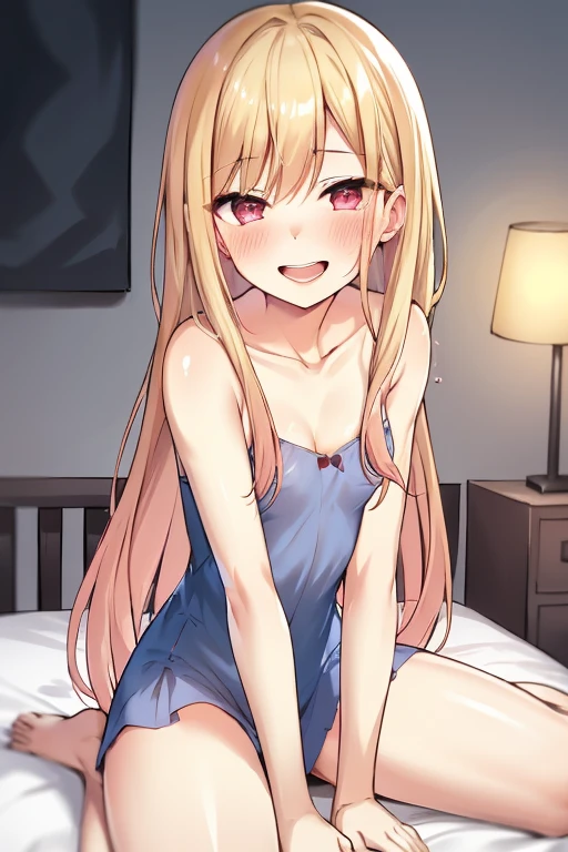 ((Best Quality)), ((masterpiece)), (be familiar with),  perfect face, indoor, bedroom,  watching viewers,
One woman, Kitagawa Marin,
Open Mouth, Ecstatic expression, blush, smile,
Small breasts,  flat chest, , , , Girl,
Long Hair,  long hair,
Leg spread,