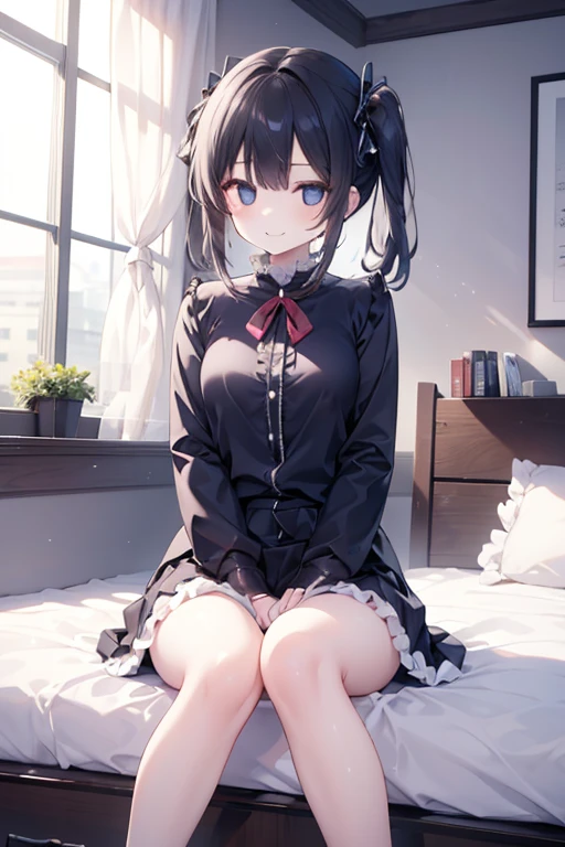 Manipulated 、girl、Hypnotic Eyes  、expressionless、   smiling with their mouth closed、The clothes are long sleeved   、skirt、 full of frills 、白いshort髪、bedroom、short、 ピンクと白のshort靴下、 sitting with legs extended    、   humid、