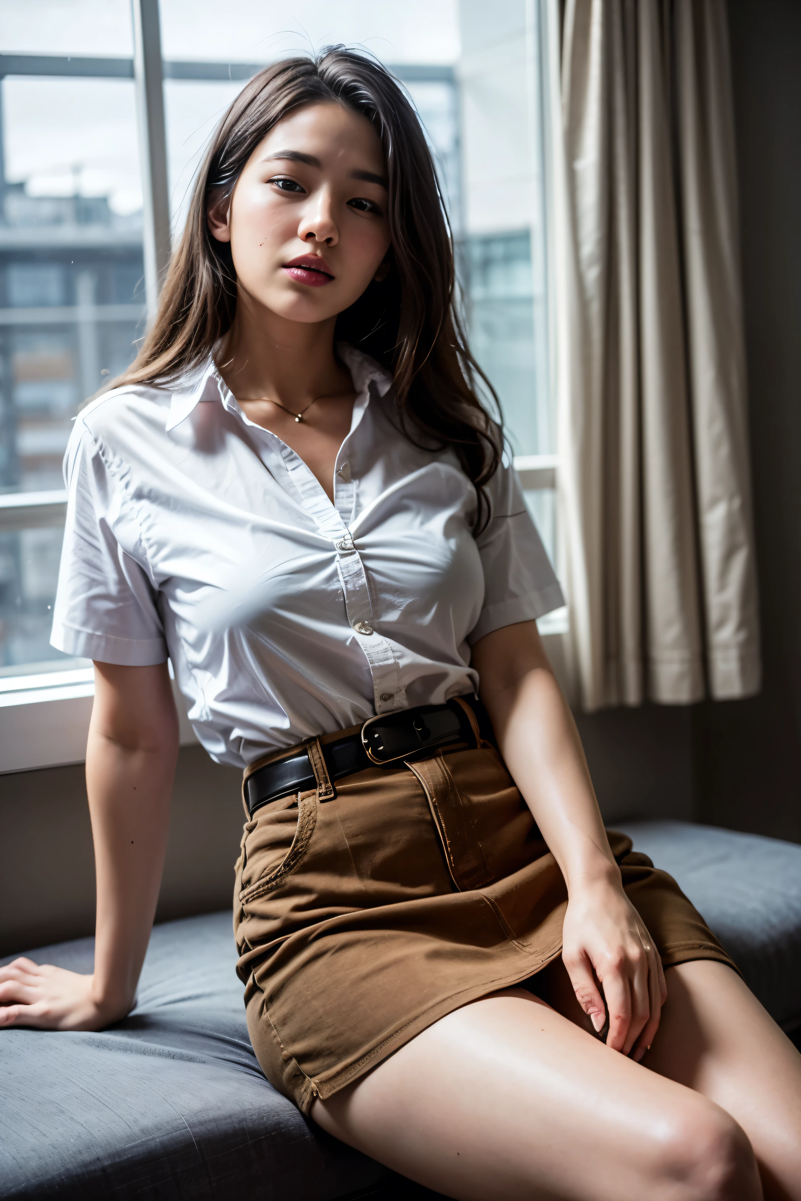 (In 8K，highest quality，masterpiece)，(Realistic，RAW Photos，Super Fine Clear)，Realistic Light，Detailed skin，Beautiful Japanese Women，((30-year-old woman，))、，(Long skirt)、Panty shot，sexy gray panties、kneeling to spread legs，Thin legs、fine grain，Detailed fingers、thin、Sexual，Ecstasy expression，In a stylish bedroom、a place where there are no people，Ecstasy，era of asian eyes