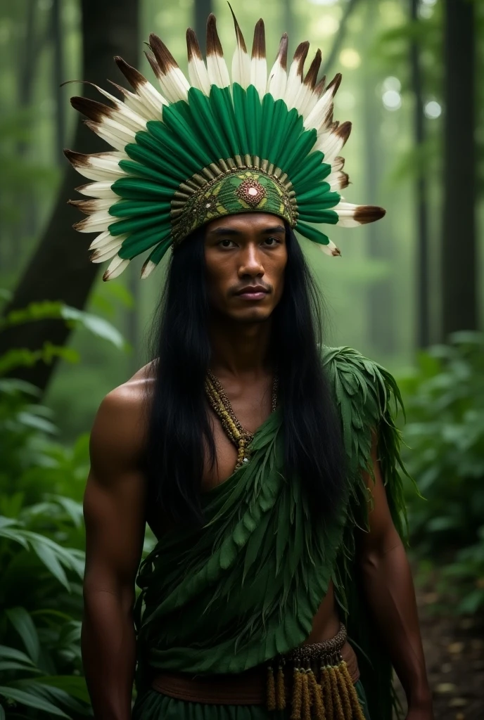 a high quality photograph of a Brazilian indigenous warrior in the year 1450 after Christ, with your war paint and your battle gear (弓, arrow and club)