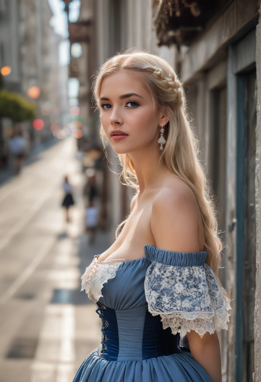 best quality, masterpiece, photo realistic, intricate details, unedited photo, ultra detailed, old fashioned young woman, wearing peasant style dress, wearing corset, bardot neckline, off-shoulder, blonde hair, perfect detailed blue eyes, walking in an old city, HD quality, 8K, young woman, 27 years old, walking through the streets of San Francisco during spring