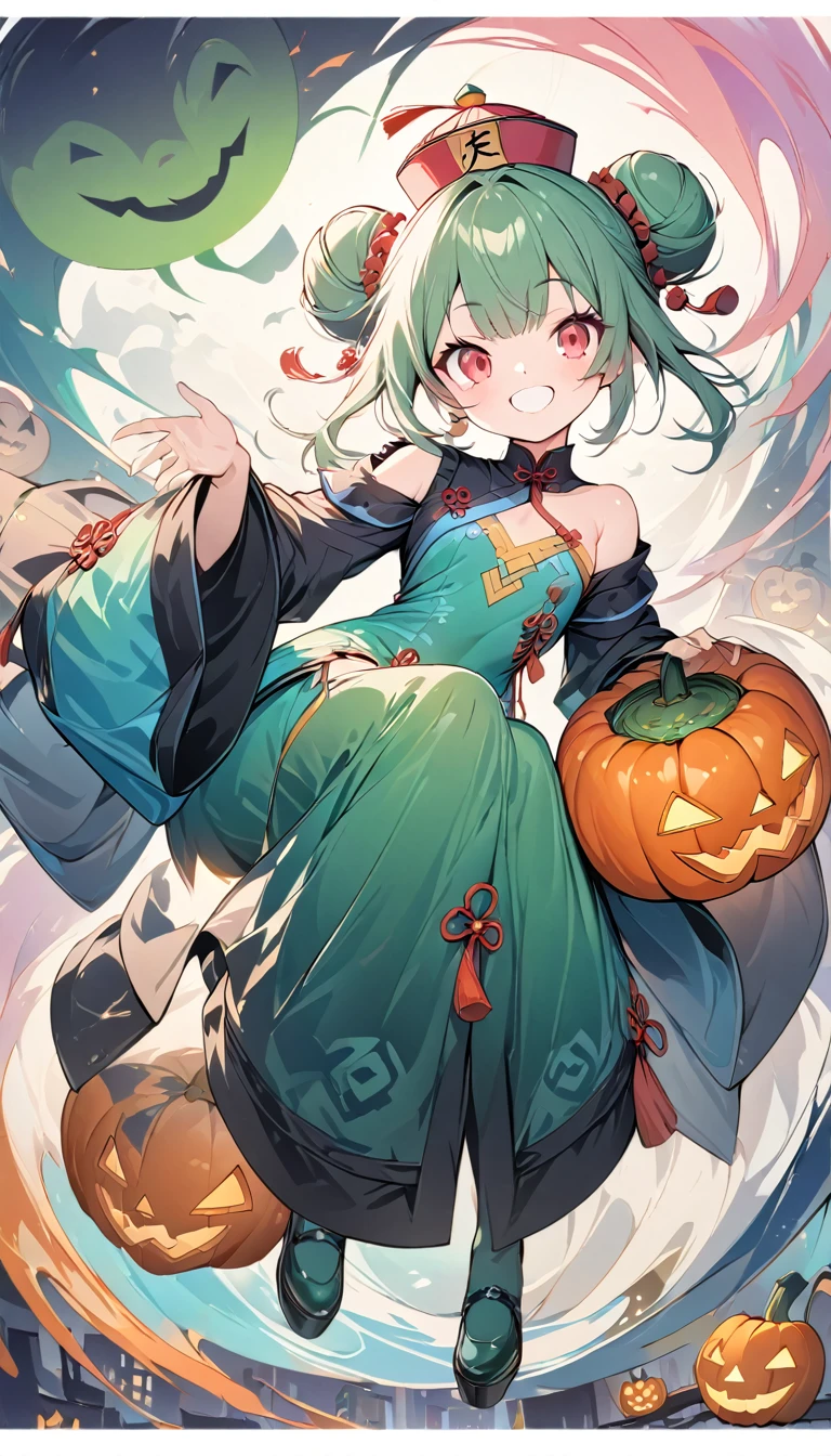 Momoko Sakura style、8K quality、, Best Quality,(((Rushia)))、(((Young Girl)))、(( 1 girl)),( Red Eyes),（Short stature）,((Emerald green hair))、Bun Hair、Young appearance、（Jiangshi costume）, nicely arranged jack-o-lanterns、（Sit on a jack-o-lantern ）、Floating Ghosts 、（ Halloween cityscape ）,((( exposed shoulder ))),Smiling with mouth closed、Happy Face, 、Avant-garde pop art, Beautiful and expressive paintings,  beautiful artwork illustration, Cool Beauty、Vector art,  stylish design, (((Best Quality))),  High Resolution , ((masterpiece)), ((Super Details)),（ beautiful skin in NFSW）,(Full body painting)、Beautiful fingertips