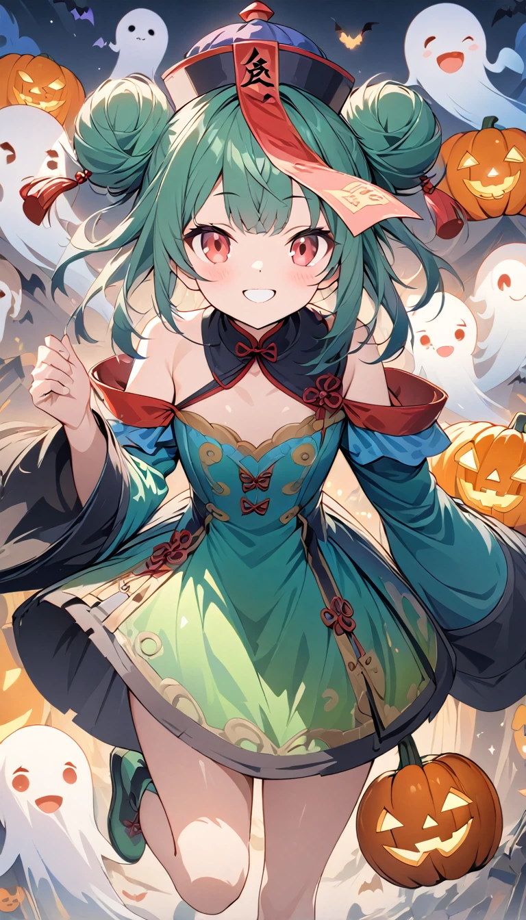 Momoko Sakura style、8K quality、, Best Quality,(((Rushia)))、(((Young Girl)))、(( 1 girl)),( Red Eyes),（Short stature）,((Emerald green hair))、Bun Hair、Young appearance、（Jiangshi costume）, nicely arranged jack-o-lanterns、（Sit on a jack-o-lantern ）、Floating Ghosts 、（ Halloween cityscape ）,((( exposed shoulder ))),Smiling with mouth closed、Happy Face, 、Avant-garde pop art, Beautiful and expressive paintings,  beautiful artwork illustration, Cool Beauty、Vector art,  stylish design, (((Best Quality))),  High Resolution , ((masterpiece)), ((Super Details)),（ beautiful skin in NFSW）,(Full body painting)、Beautiful fingertips