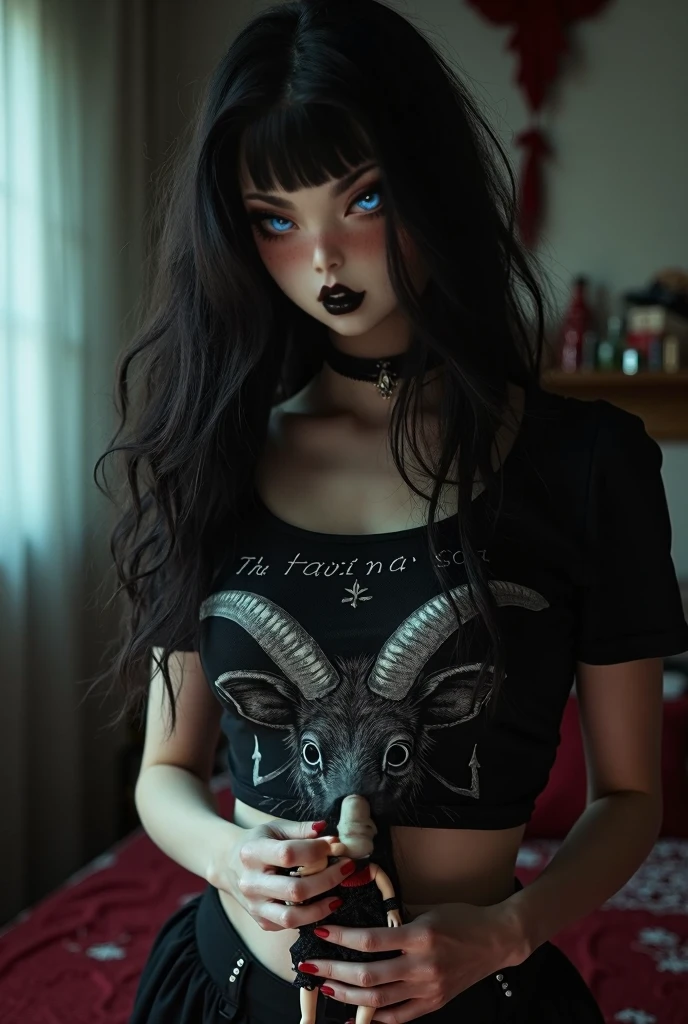 European woman, ghoulish, sharp teeth, pale greyish blue skin, has a jagged yellow halo, wearing sunglasses, (wearing shorts and a tanktop), (((wide hips: 1.5))), 8k, absurd res, ((wide eyes: 1.4)), flawless face, same girl, 1girl, average mature body, natural body, full body image, 1girls, solo, masterpiece, highly detailed, detailed eyes, expressive detailed eyes, pale skin, wide eyed, detailed pupils, realistic skin , blush, some freckles, realistic skin texture, ((small breasts: 1.3)), blushing, super detailed skin, smooth background, shy face, analog style, (chin length hair), ((pale wavy hair: 1.5)), dark blue wallpaper, smooth background, grasping for the viewer, floral wallpaper, dark moody atmosphere, dimly lit, 