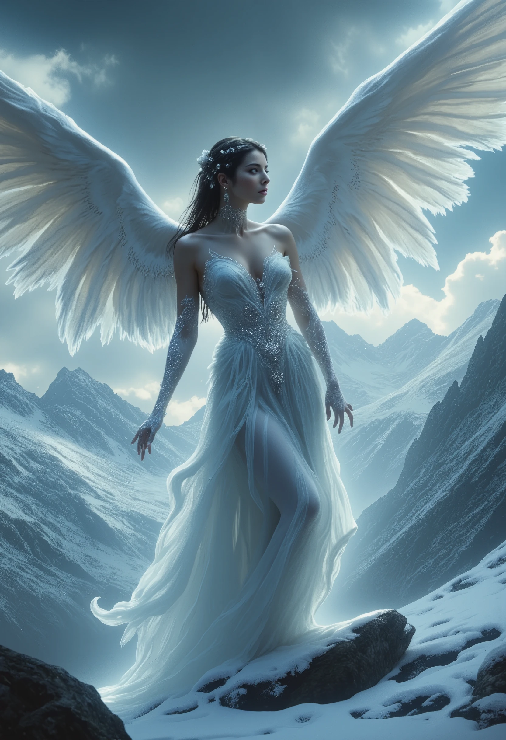 Ultra realistic, mythology, cybernectic angel with beautiful face and perfect body, she wearing beautiful white Gothic dress. She flying on the dramatic sky and looking down, Winter background. (Ultra-realistic, 32k, Masterpiece, High Quality, Detailed Realistic Background, Official Art, Realistic Lighting, filmfotos, film grain, reversal film photography)