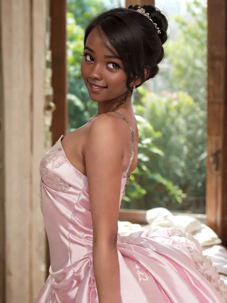 A Indian girl, black ponytail, (black skin:1.4), BREAK, baby face, standing, (satin princess dress, pink wedding dress:1.4), BREAK, (wedd00ing:1.2), (tiny tits, tt_flat), ((shooting from side)), armpit, smiling,+ bedroom, 